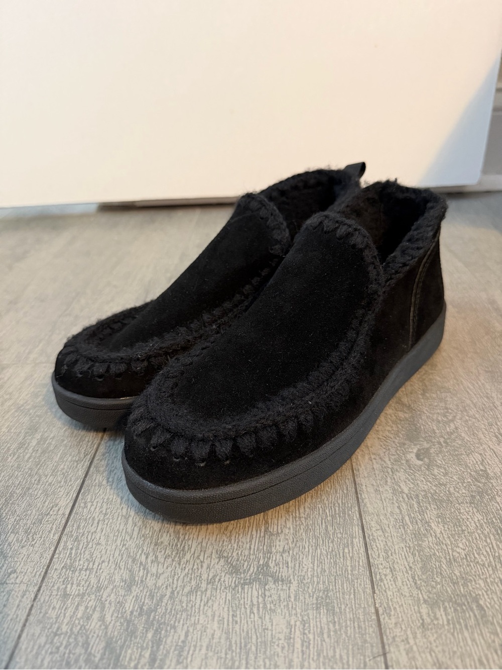 BearPaw Black Suede Fleece-Lined Slip-On Moccasin Sneakers